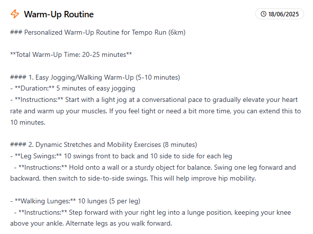 PeakRunner app screen displaying a custom warm-up routine before a run